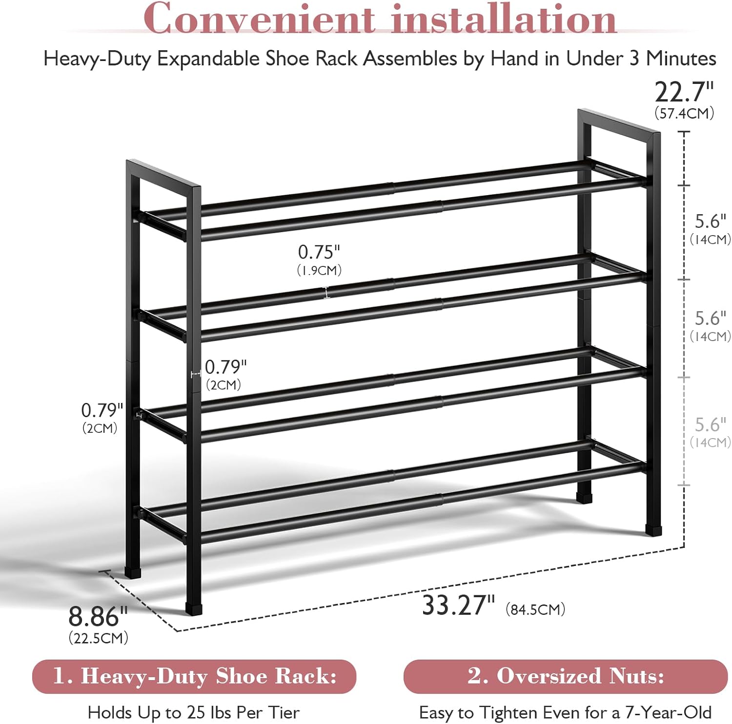 Bumusty 4 Tier Expandable Shoe Rack for Closet, Black | 18"-33" Adjustable Shoe Rack for Entryway, Small Shoe Organizer for Dorm, Front Door, Sturdy Metal
