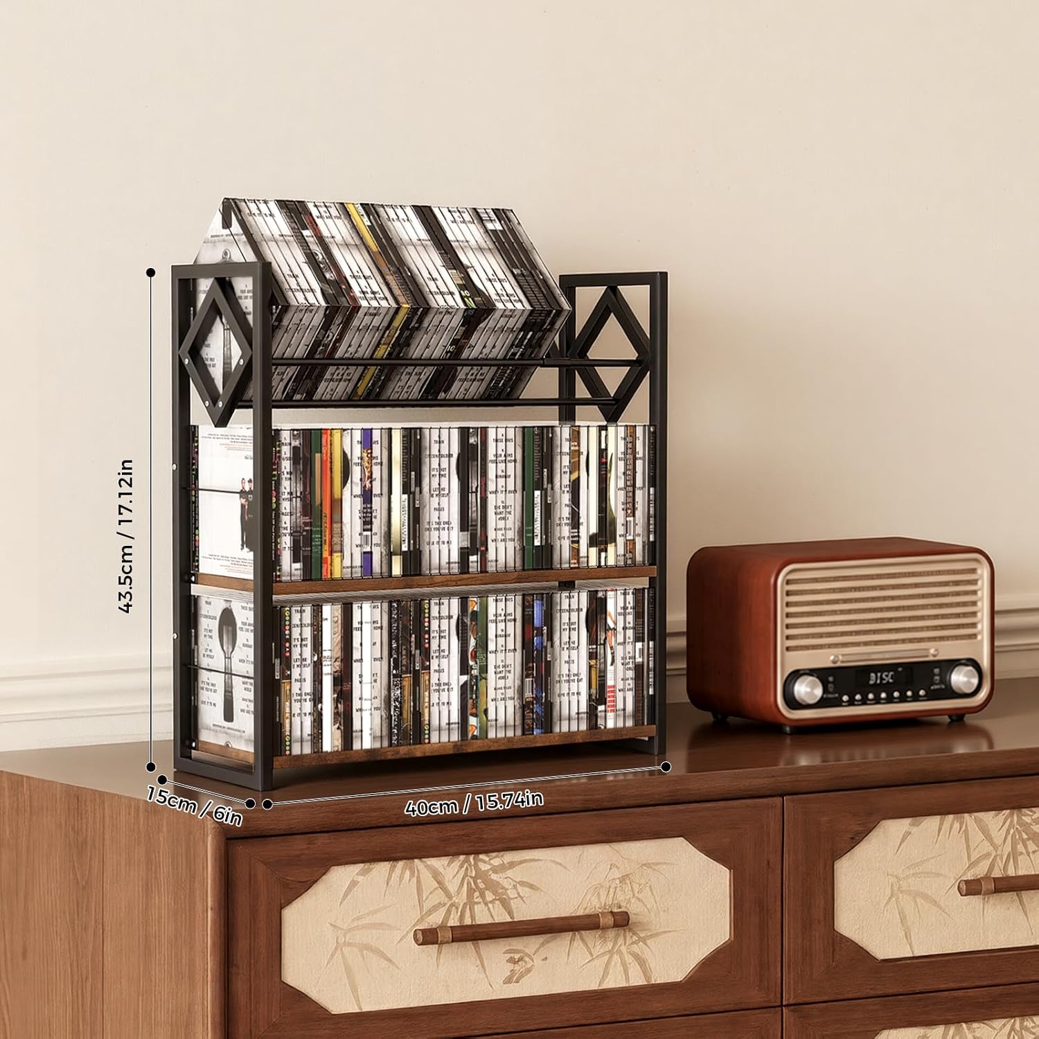 3-Tier CD Holder for 120 CDs, Wooden and Metal CD Storage Rack For DVDs | Top Shelf Shows Favorite Album Art, Open Tiers Keep CDs and DVDs Sorted For Retro Music Corners