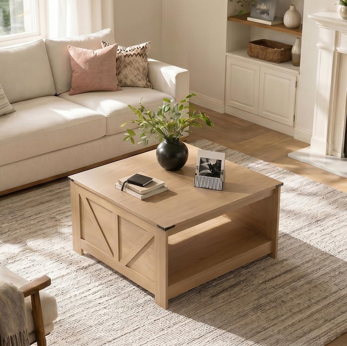 OKYCI Farmhouse Coffee Table for Living Room, Wood Square Coffee Tables, 31.5" D x 31.5" W, Natural Oak
