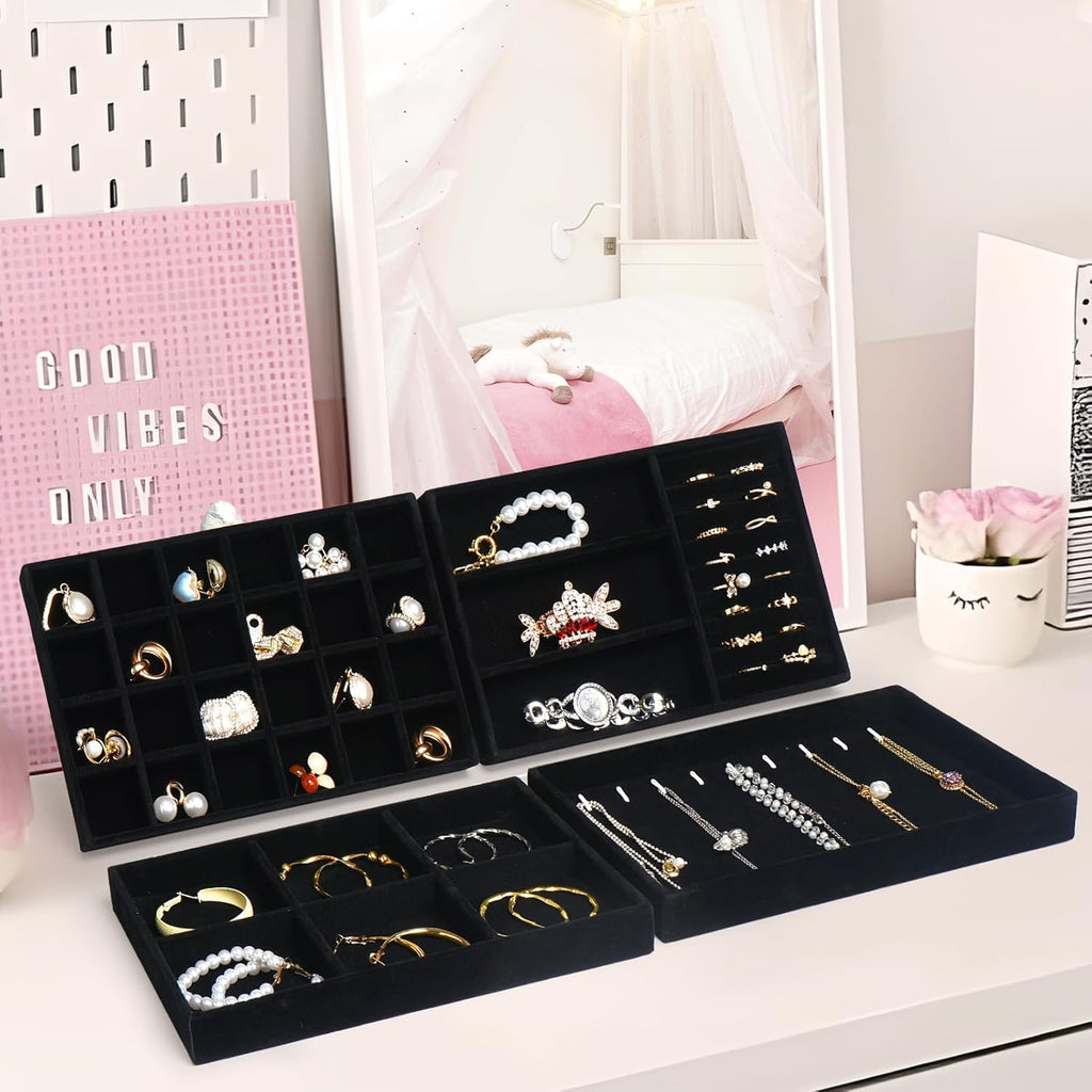 Jenseits 4 Stackable Jewelry Trays Organizer Set for Drawers, Jewellery Drawer Insert Divider Jewel Display Storage with Removable Dividers for Earring Necklace Rings Bracelet, Black