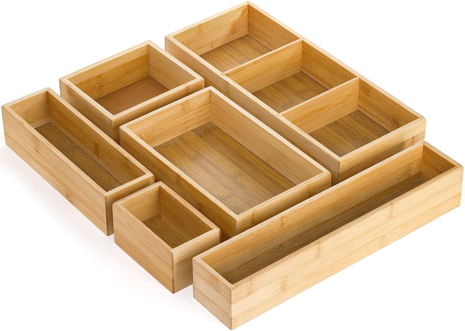 Youeon Set of 6 Bamboo Drawer Organizer Storage Box, Adjustable Cutlery Drawer Organizer, Silverware Organizer Multi-Use for Office, Home, Kitchen, Bedroom, Bathroom