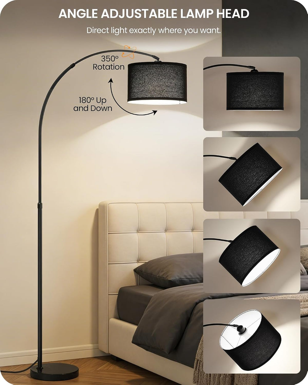 75" Dimmable Black Arc Floor Lamp with Marble Base and Adjustable Height