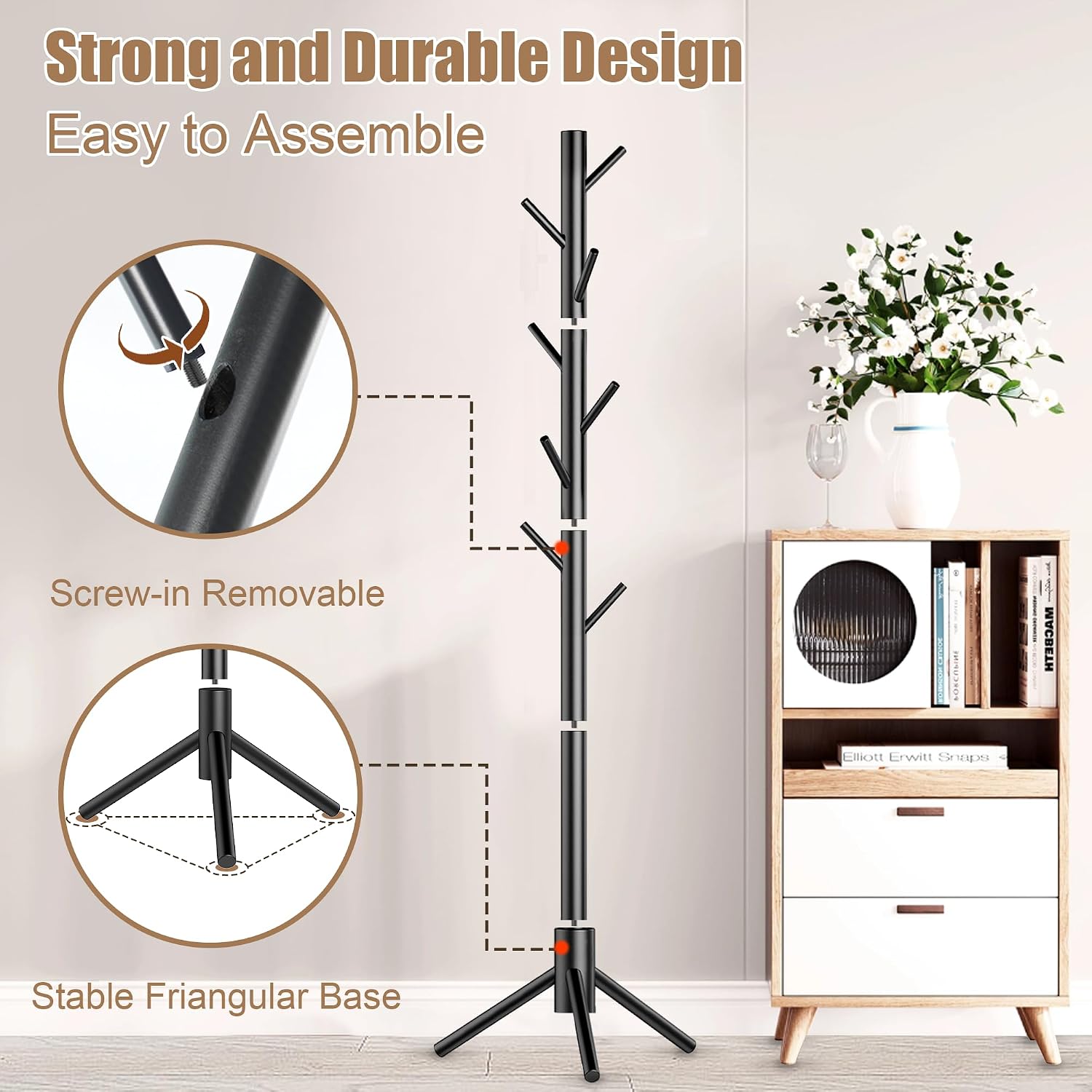 Aliphon Wooden Coat Rack Stand, Freestanding Coat Rack with 8 Hooks, 3 Adjustable Size Coat Tree for Hats, Coats, Scarves bags, Coat Hanger Stand Used in Bedroom/Office/Entryway (Black)