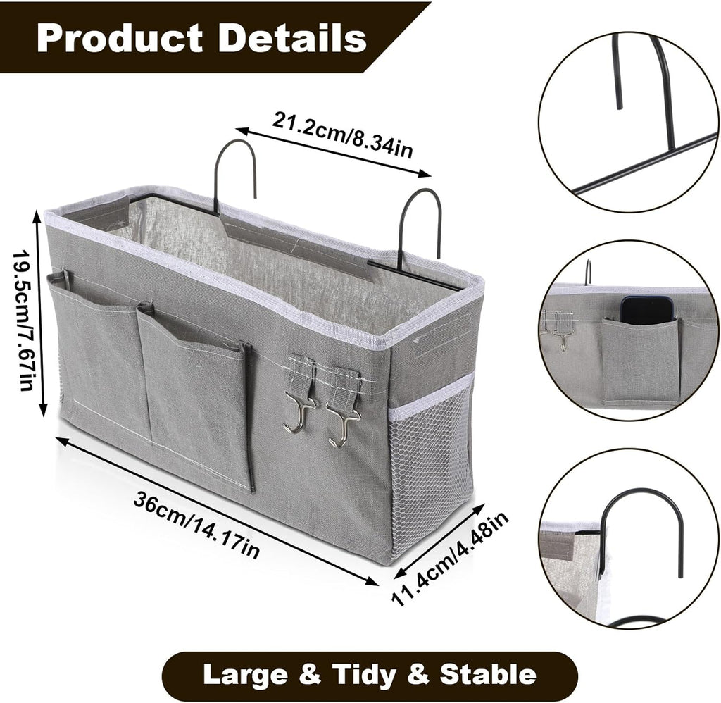 2 Pack Bedside Storage Caddy Organizer Bedside Hanging Storage Bag with Pockets for Headboards Bunk Beds Dorm Rooms Book Phone Magazine Holder Bunk bed Shelf Accessories (Grey)