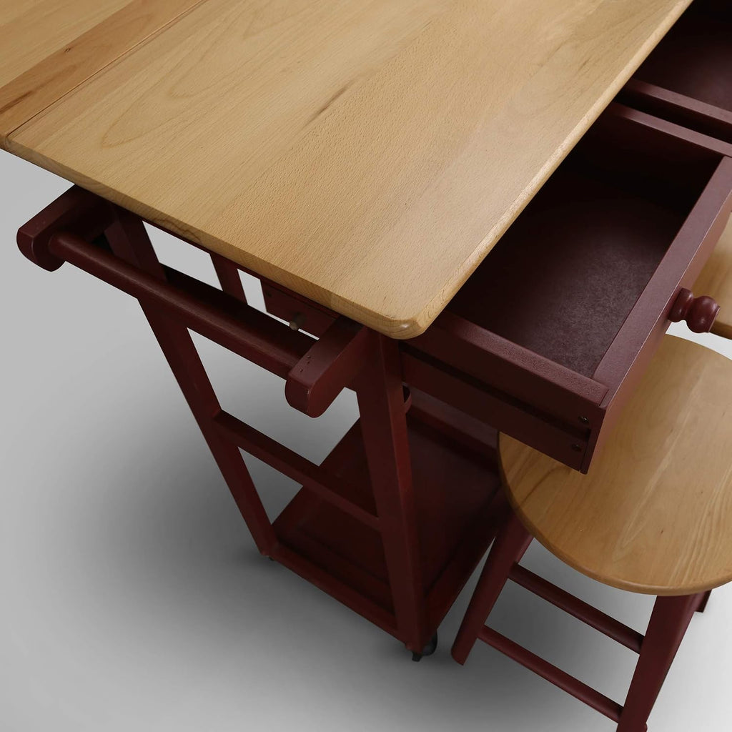 Casual Home Drop Leaf Breakfast Cart with 2 Stools-Red