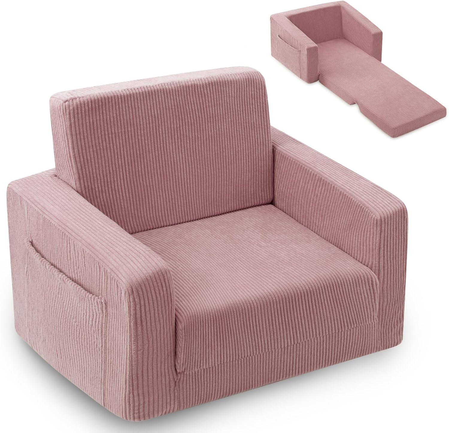 2-in-1 Kids Chair and Couch, Cozy Corduroy Kids Sofa, Pink | Fold-Out Kids Couch, Boys and Girls, Bedroom & Playroom, Reading and Playing, Lightweight, Removable Washable Cover