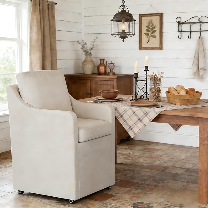 Upholstered Dining Chairs,Modern Rolling Linen Dining Chairs with Casters,Swivel Armchair with Storage for Reading Room,Kitchen,Dining Room(Cream)