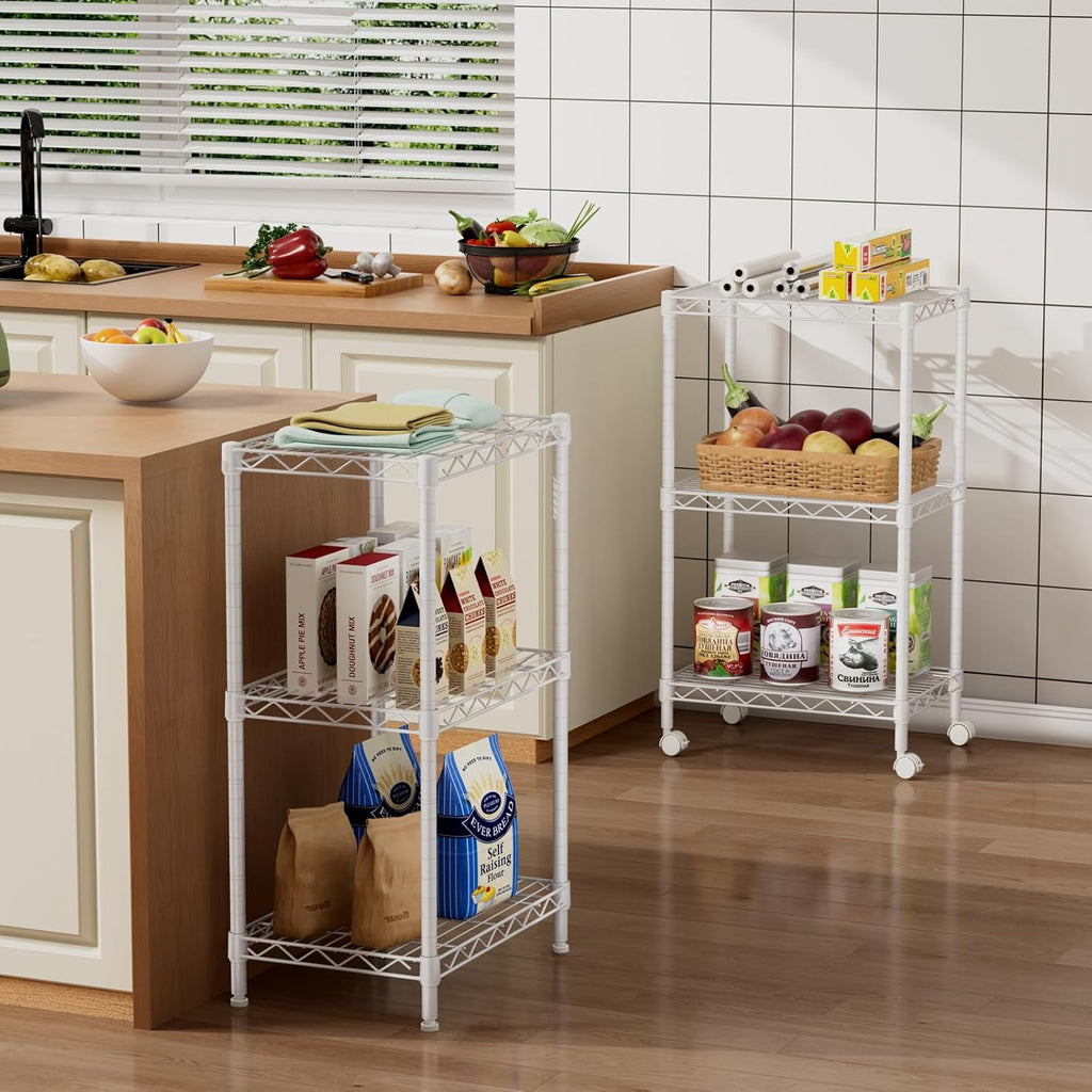 Small 3 Tier Shelves Storage Wire Shelving Unit Metal Shelf Adjustable Organizers Storage Shelving with Wheels for Bathroom Laundry Room Kitchen Pantry12”D x 18”W x 30.7”H White