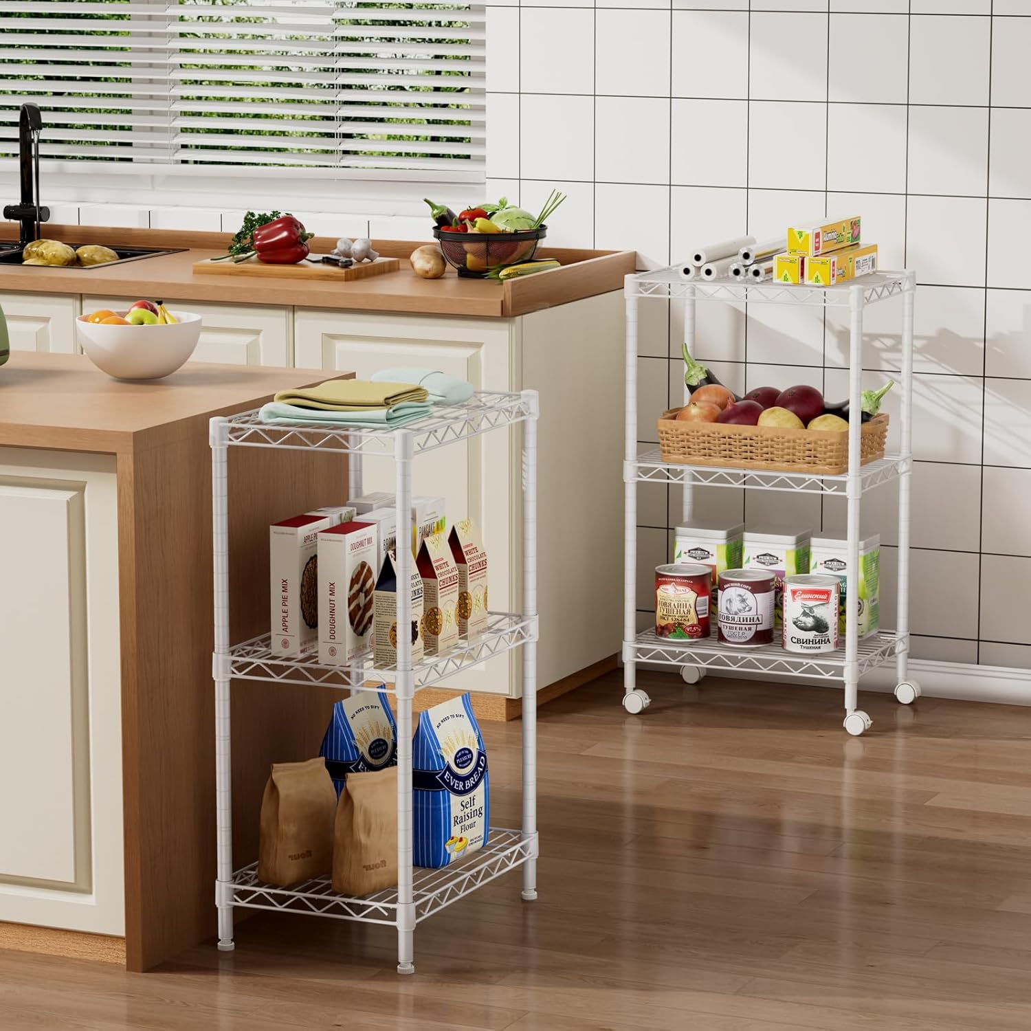 Small 3 Tier Shelves Storage Wire Shelving Unit Metal Shelf Adjustable Organizers Storage Shelving with Wheels for Bathroom Laundry Room Kitchen Pantry12”D x 18”W x 30.7”H White