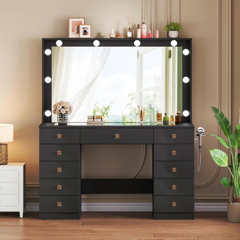 Vanity with Large Mirror and 10 LED Lights, Vanity Desk with Glasss Top, Make...