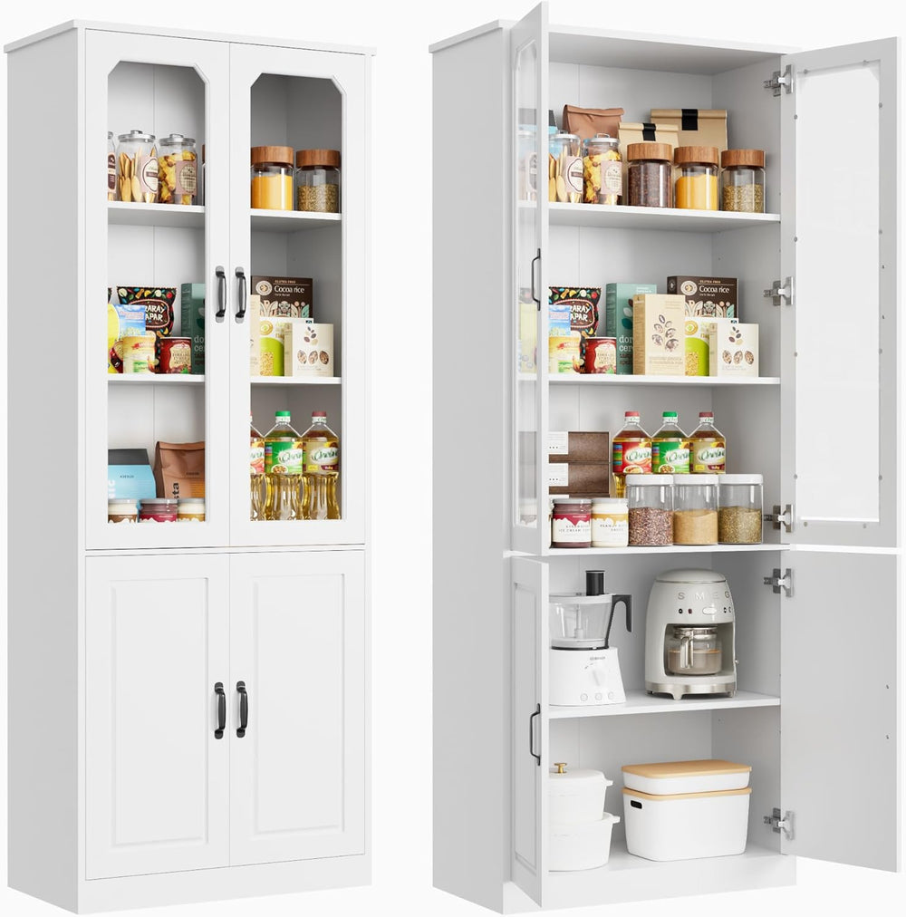 White Kitchen Pantry Cabinet, 78.7" Tall China Cabinet with Glass Doors ...
