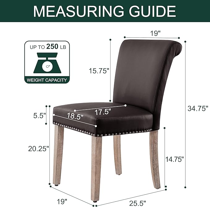CHUN YI Dining Chairs Set of 8, Faux Leather Upholstered Dining Room Chairs with Nailhead Trim and Wood Legs, Mid Century Modern Parsons Side Chairs for Kitchen, Brown