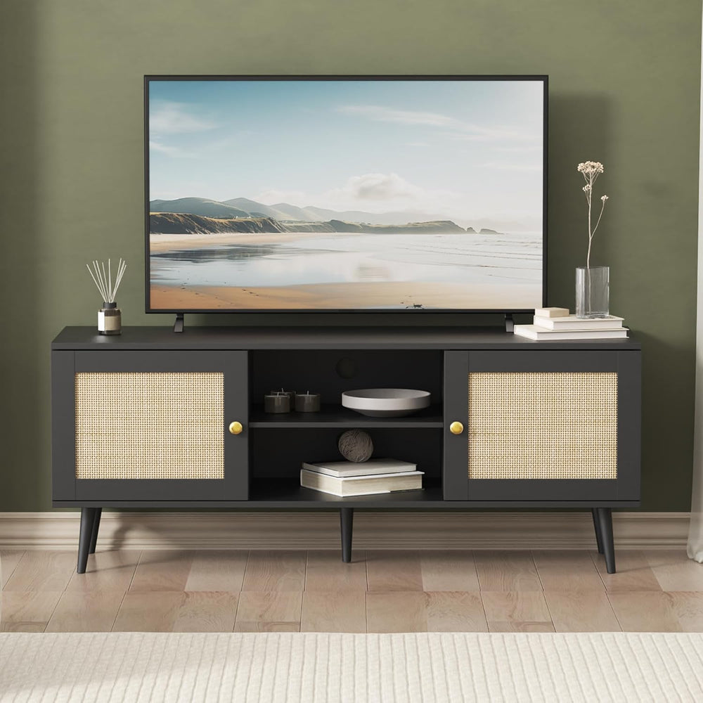 Furnify Rattan TV Stand for 50/55/60 inch TV, Boho 53" Entertainment Cen...