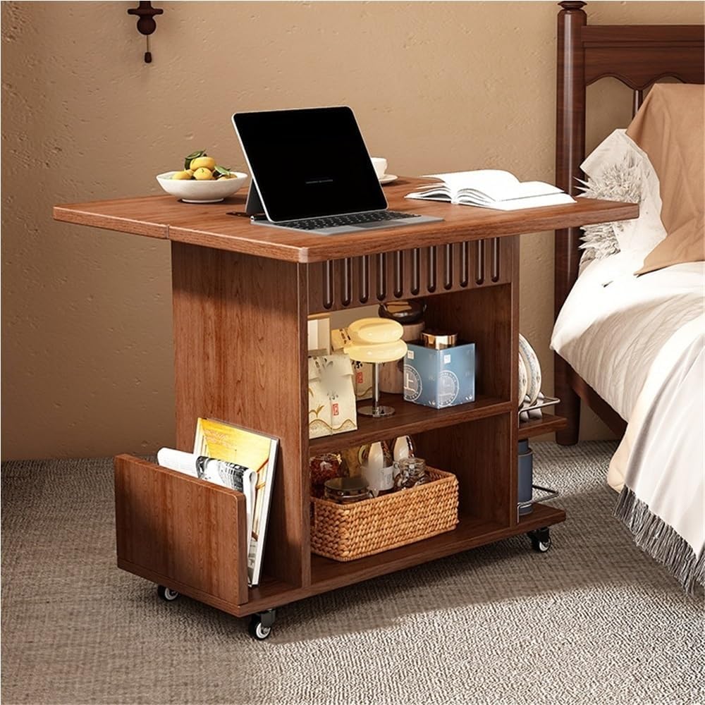 Wooden Side Table with Wheels, Large Capacity Storage End Table, 3 Tier Rolli...