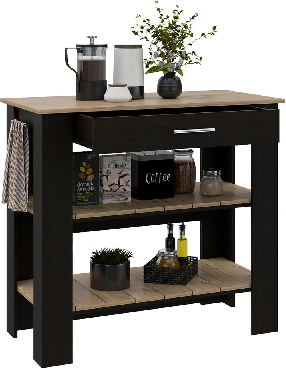 Kitchen Island with Two Shelves, One Drawer, Four Legs, Towel Hanger, Black |...