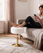 LITZFUR Gold Vanity Stool with Storage, Swivel Vanity Chair, White | Height Adjustable Makeup Stool, Faux Fur Small Round Ottoman Footrest for Bathroom, Bedroom