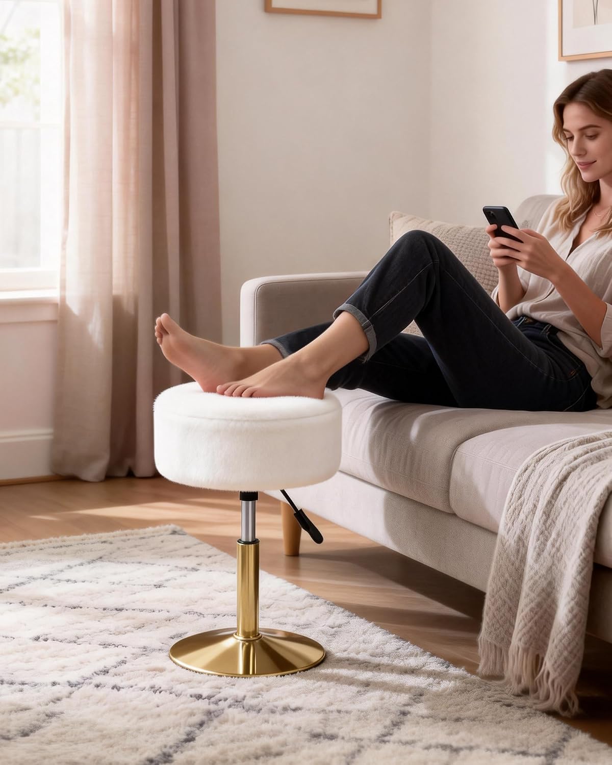 LITZFUR Gold Vanity Stool with Storage, Swivel Vanity Chair, White | Height Adjustable Makeup Stool, Faux Fur Small Round Ottoman Footrest for Bathroom, Bedroom