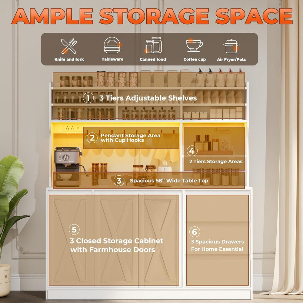 Gyfimoie Farmhouse Kitchen Pantry Cabinet with Power Outlet & LED Light, ...