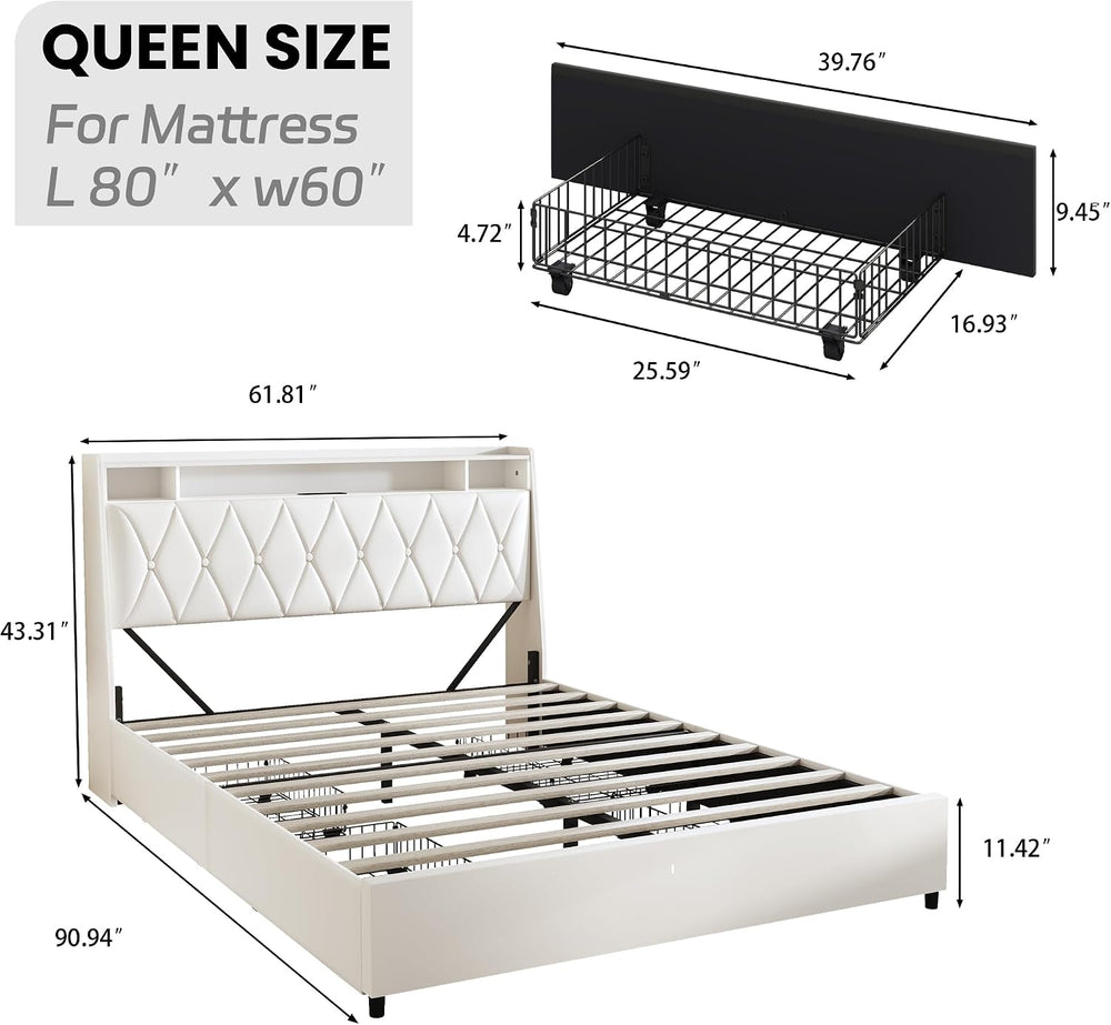 Peanu Queen Bed Frame, Ergonomic Headboard, White Metal Platform