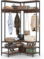 Tangkula Corner Hall Tree, 70 Inch Coat Rack with Bench and Shoe Storage, Entryway Furniture with 7 Hooks, Heavy Duty Metal Frame, Space Saving Clothes Rack Shoes Shelf Organizer (Brown)