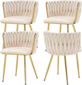 Velvet Dining Chairs Set of 4, Modern Upholstered Woven Dining Chairs with Gold Metal Legs, Modern Accent Chairs for Dining Room, Vanity, Kitchen, Living Room(Beige)