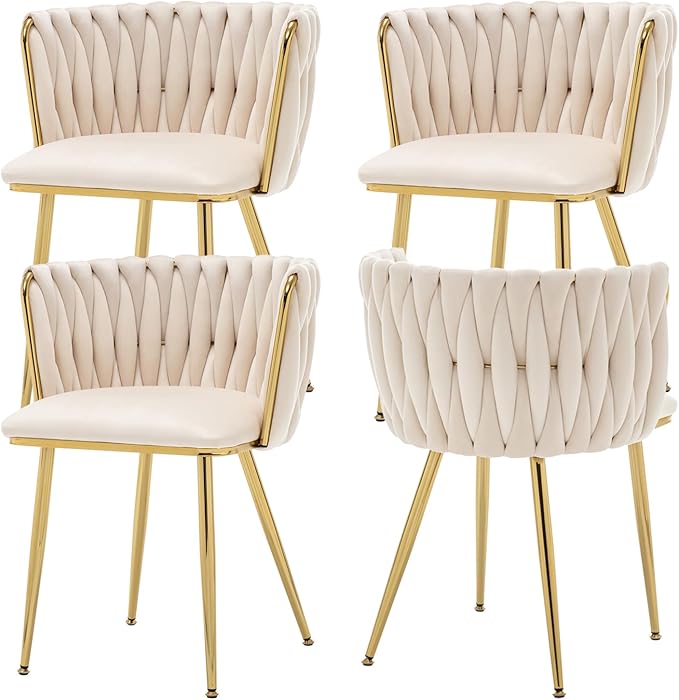 Velvet Dining Chairs Set of 4, Modern Upholstered Woven Dining Chairs with Gold Metal Legs, Modern Accent Chairs for Dining Room, Vanity, Kitchen, Living Room(Beige)
