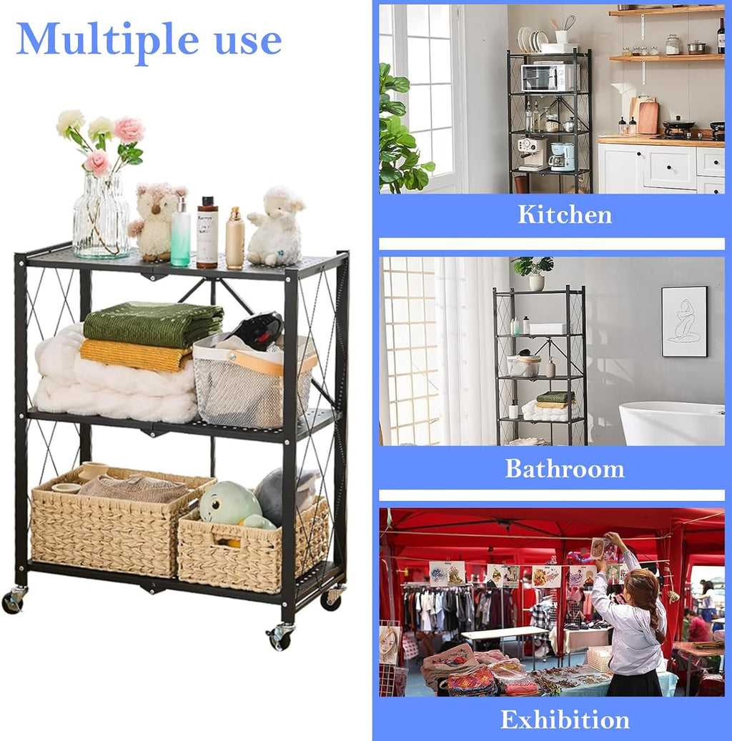3-Tier Foldable Storage Shelf with Wheels, Metal Collapsible Shelving Unit, Rolling Utility Cart for Kitchen Pantry Closet Office, Pre-Assembled Storage Rack Organizer