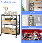 3-Tier Foldable Storage Shelf with Wheels, Metal Collapsible Shelving Unit, Rolling Utility Cart for Kitchen Pantry Closet Office, Pre-Assembled Storage Rack Organizer