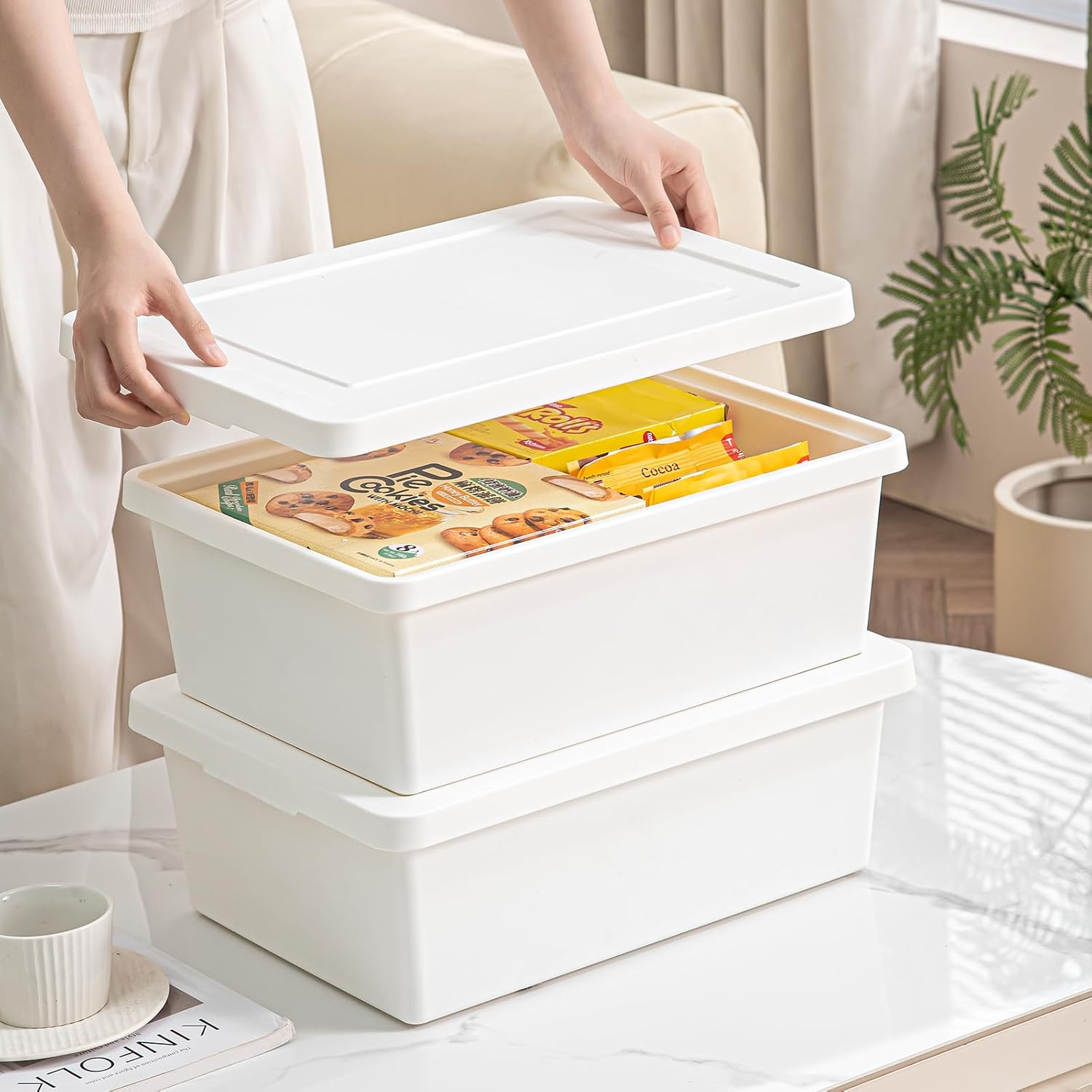 15 Quart Stackable Plastic Storage Bins with LidsStorage Container for Organizing, Storage Boxeswith Handle for Shelves, Cube Storage Bin for CraftSnacks, (white，2L)