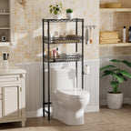 3-Tier Over-The-Toilet Storage Shelf,Heavy-Duty Adjustable Bathroom Rack with 2 Mesh Baskets,Toilet Paper Holder & Hooks,Space-Saving Organizer for Bathroom,10”D x 24”W x 66”H,Black
