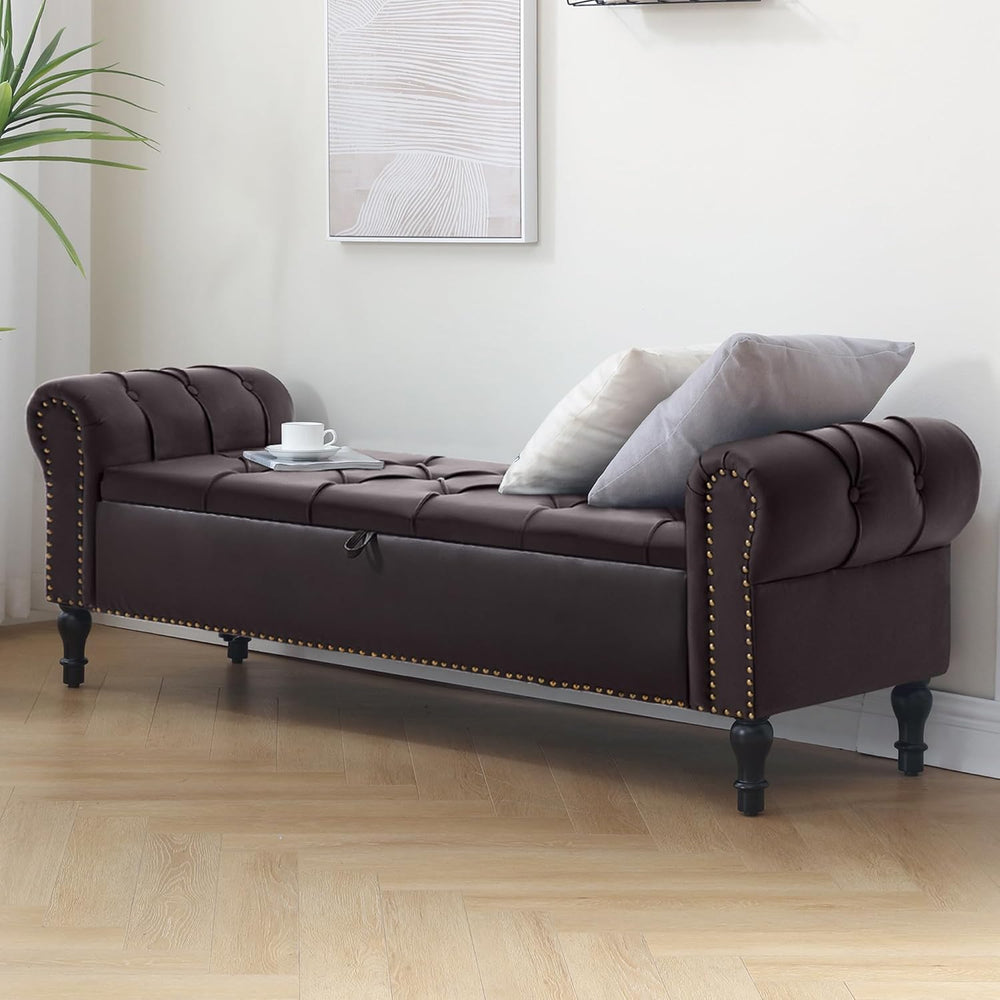 Faux Leather Storage Bench 67 Inch Upholstered Tufted Ottoman Bench with Arms...