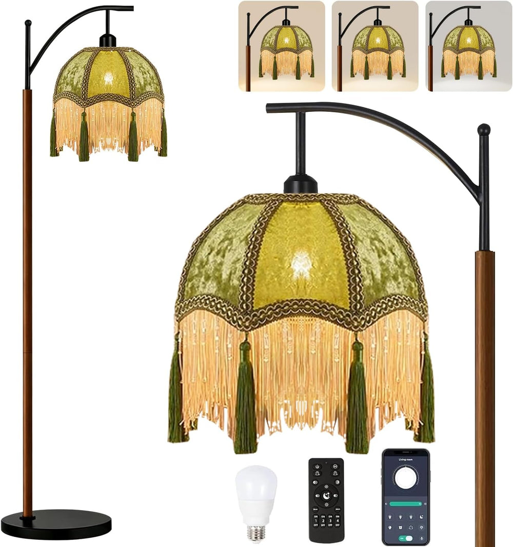 Vintage Floor Lamp for Living Room,Wood Remote Dimmable Standing Lamps with R...