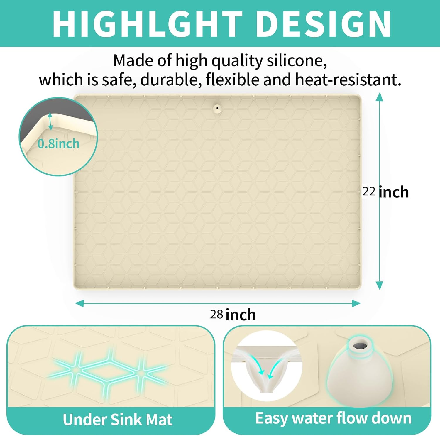 Under Sink Mat, 28"x22" Under Sink Mats for Kitchen, Silicone Waterproof Under Sink Liner, Sink Cabinet Organizer Tray with Drain Hole