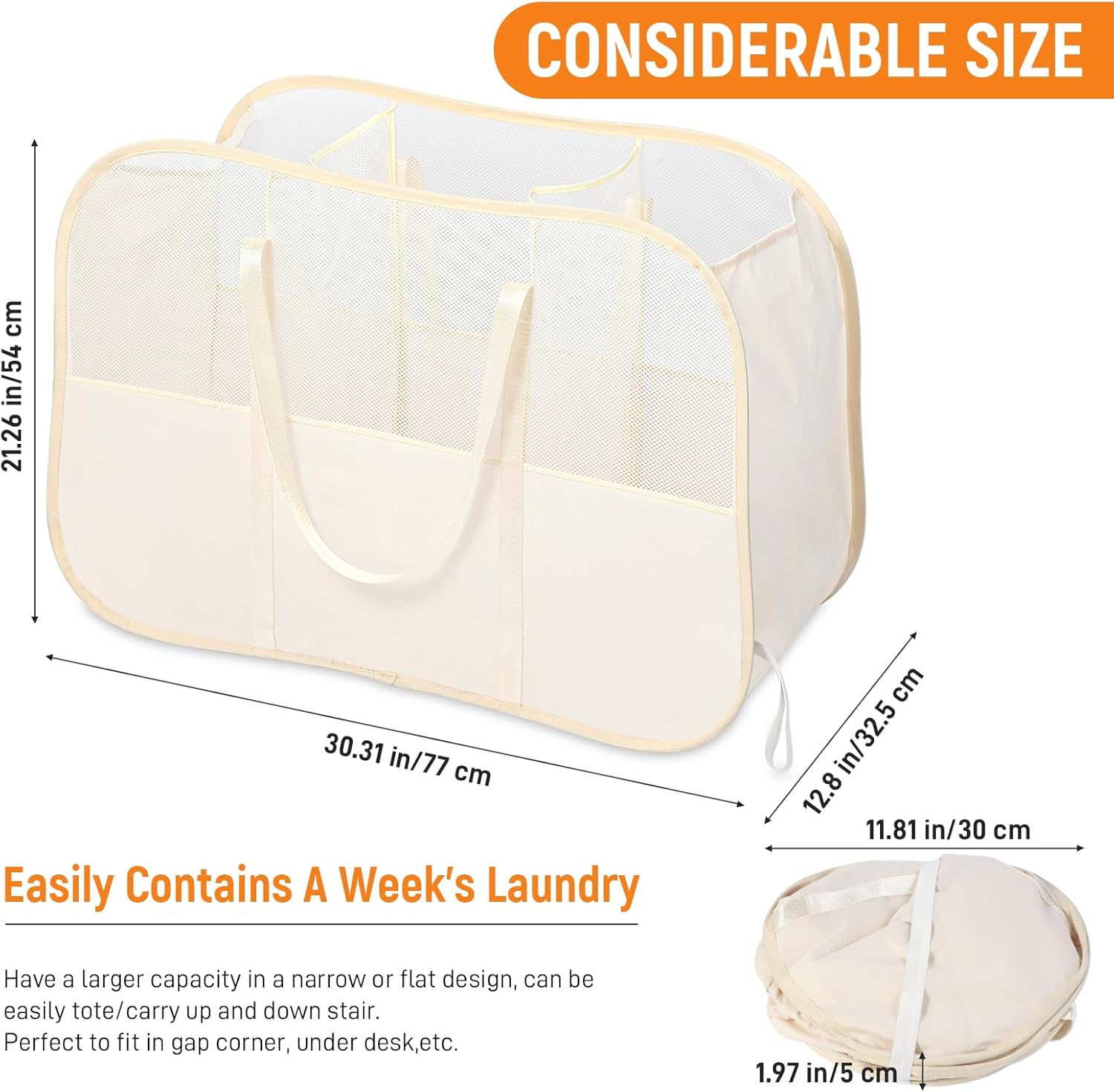 Collapsible Laundry Baskets with 3 Compartment, 150L Tear-proof Pop Up Hamper, Foldable Laundry Basket with Tote Handles, Dirty Clothes Hamper for Laundry, Bedroom, Bathroom, Dorm Beige