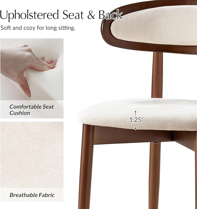 HULALA HOME Dining Chairs Set of 2 Mid-Century Modern Fabric Upholstered Dining Room Chairs Kitchen Side Chair with Open Curved Back, Walnut Rubber Wood Legs, Dinner Chairs for Living Room, Beige