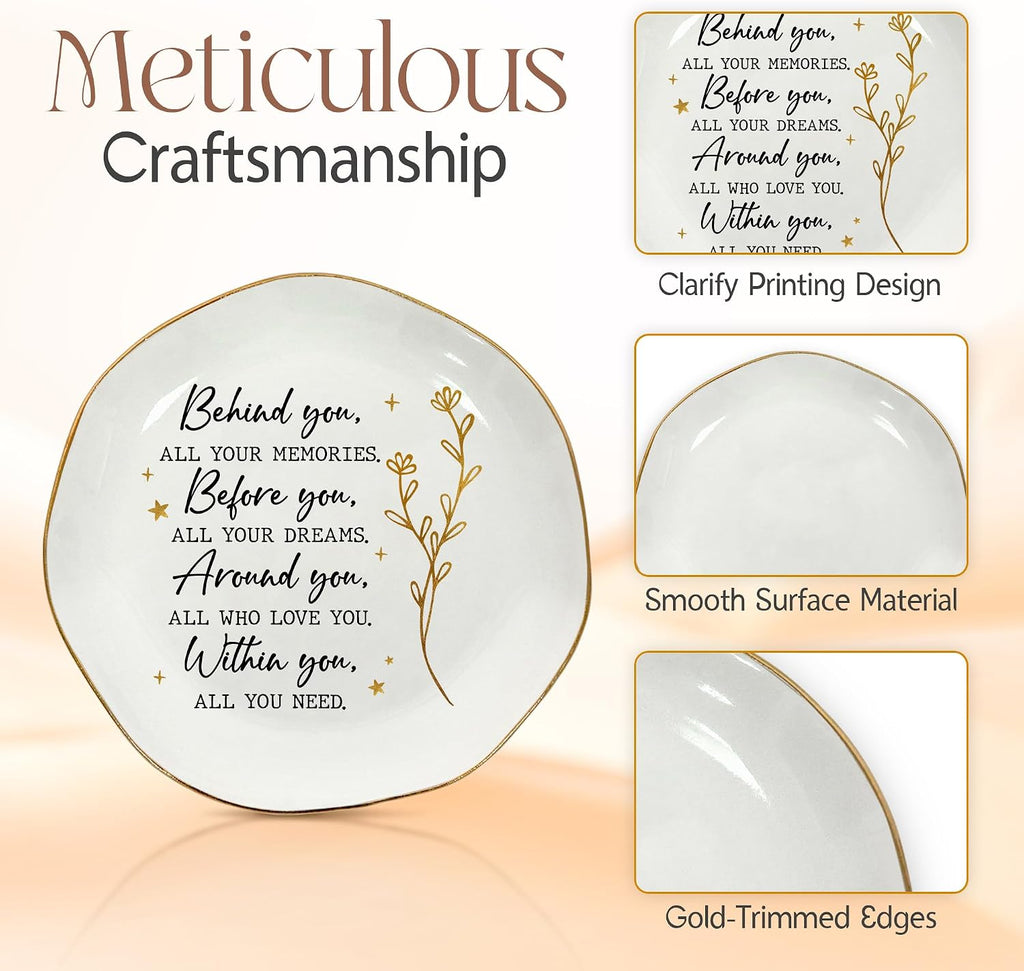 Graduation Gifts for Women Her - 4"x4" Ceramic Jewelry Dish Tray | Graduation Gift, Inspirational Gifts for Women, Ring Dish for Women, Gold Trim Design, Desk Vanity Decor, Polished Finish