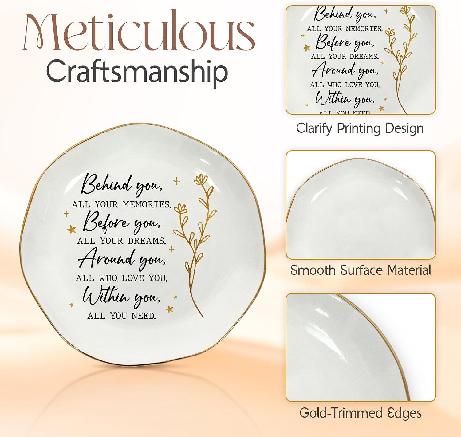Graduation Gifts for Women Her - 4"x4" Ceramic Jewelry Dish Tray | Graduation Gift, Inspirational Gifts for Women, Ring Dish for Women, Gold Trim Design, Desk Vanity Decor, Polished Finish