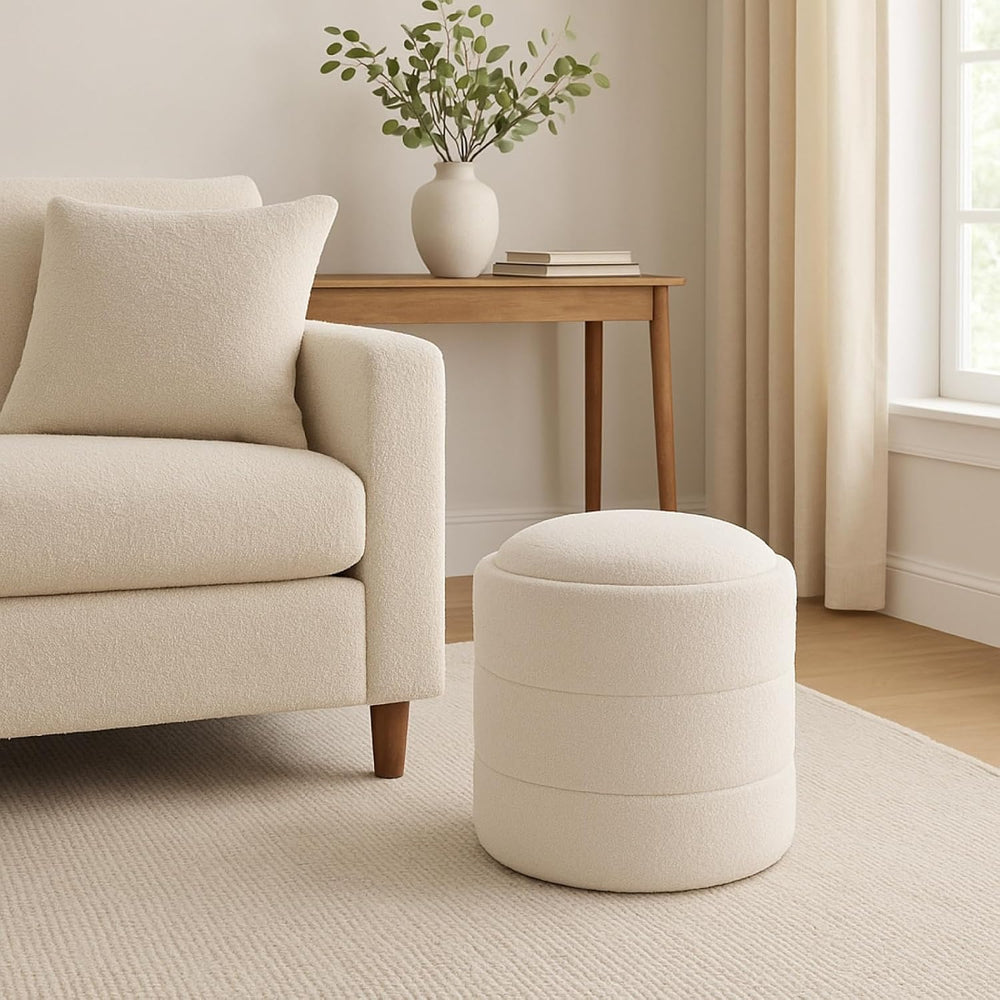Storage Ottoman, 18 Inch Round Removable Lid, White Boucle Fabric