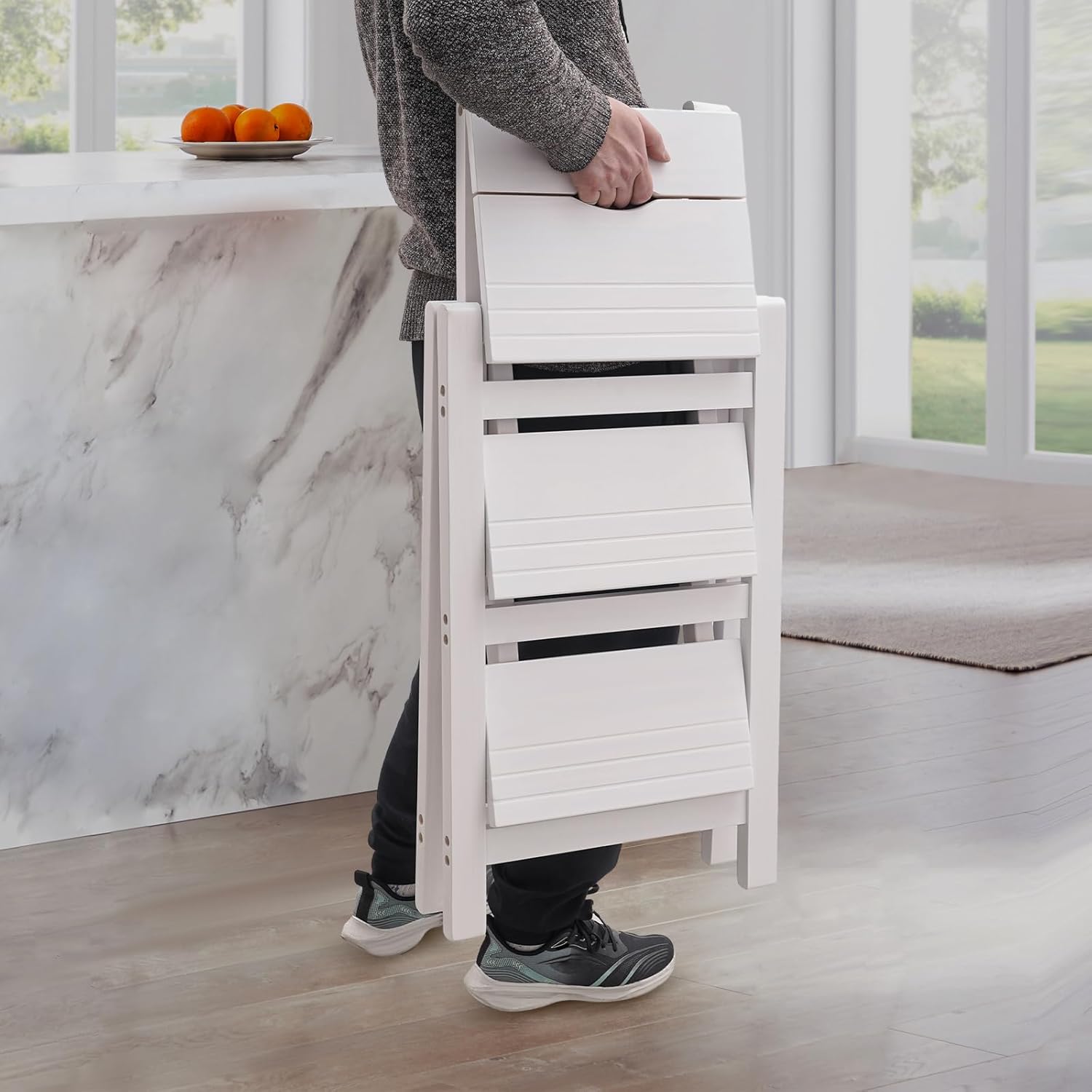Step Stool for Adults Step Ladder Counter Chair, 3-Step Folding Portable Wooden Step Stool for Library Home Kitchen, 220 lbs White