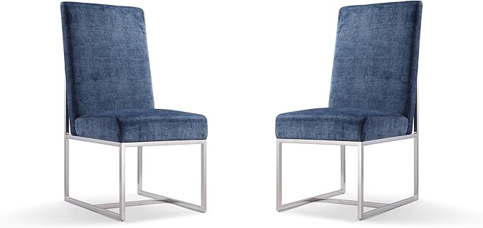 Manhattan Comfort Element Modern Velvet Dining Chairs, High Density Foam, Chrome Finish Stainless Steel Frame, High-Back, Fully Assembled Industrial Chic Accent Furniture, Set of 1, Blue