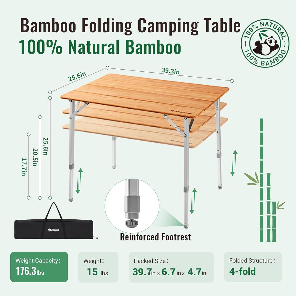 KingCamp Bamboo Folding Camping Table, 4-Fold Adjustable Outdoor Table | Port...