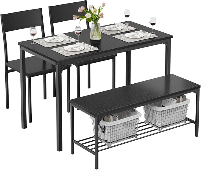 DUMOS Dining Table Set, Dining Table for 4 with Bench, Kitchen Table, Space-Saving Ideal 4-Person Set for Dining Room Kitchen Apartment Corner Black 4 Pack