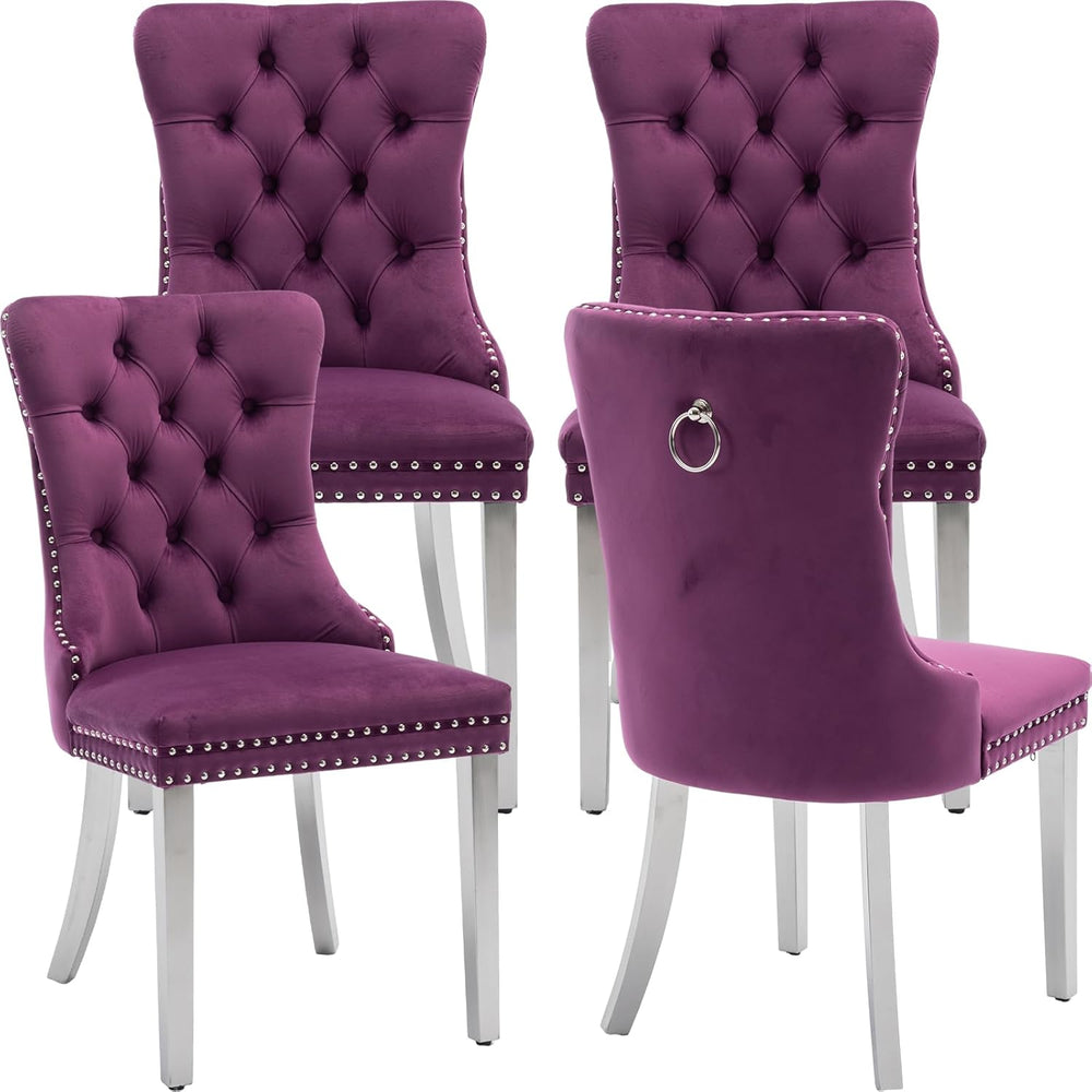 Velvet Dining Chairs Set of 4, Tufted Upholstered High Wingback Chairs with N...
