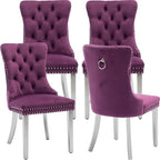 Mid Century Modern Dining Chairs Set of 4, Purple Velvet Upholstered Tufted Back, Kitchen & Dining Room Chairs, Brushed Silver Metal Legs, Nailhead Trim, Sillas para Comedor (Purple, 4 Pcs)