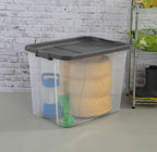 108-Quart Clear Plastic Stackable Storage Tote with Latching Lid, Textured Grip, Flat Grey Lid,Heavy Duty Stackable Storage Bins, – Closet, Bathroom, Office Organizer