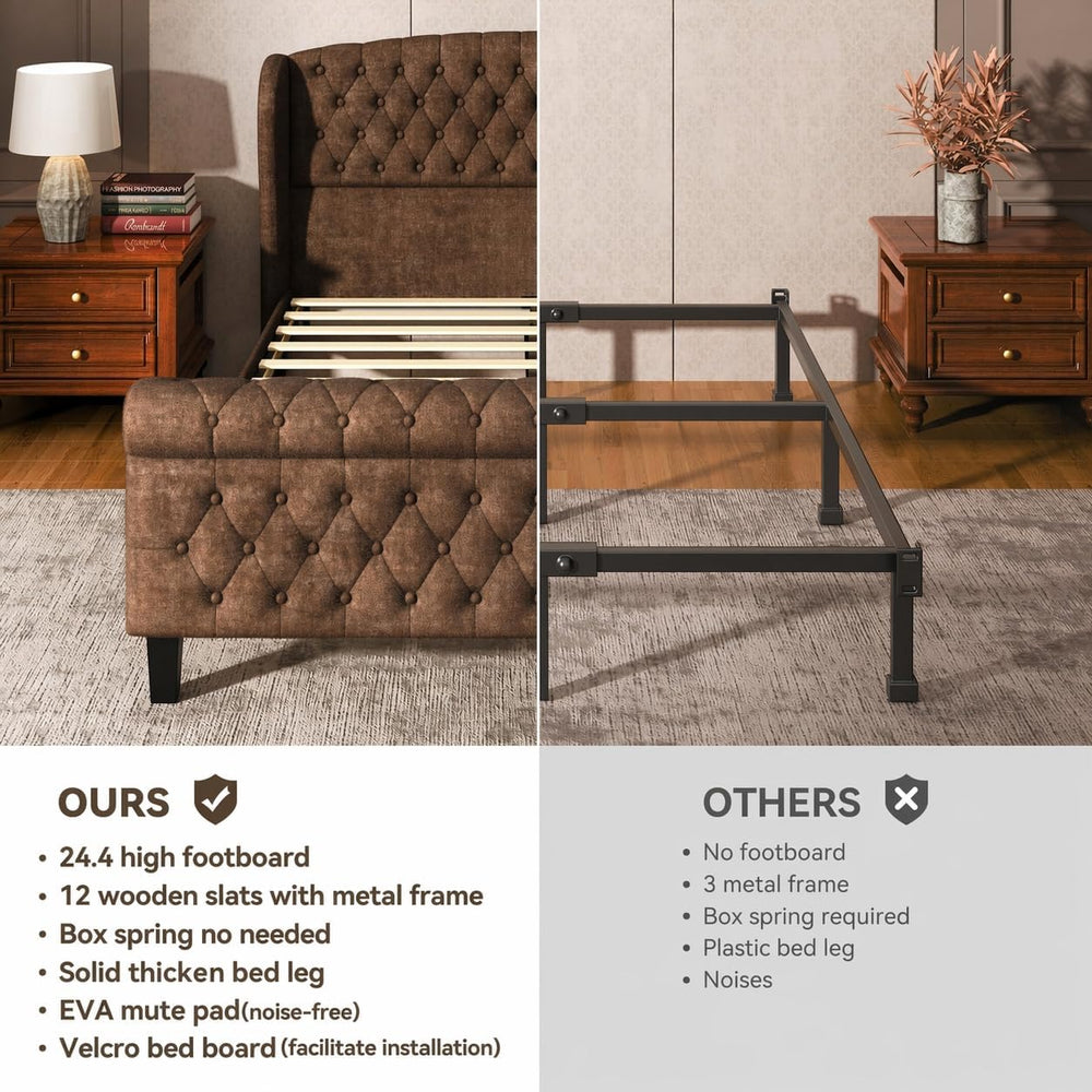 BedsPick Brown Upholstered Queen Bed Frame with 42" Wingback Headboard, ...