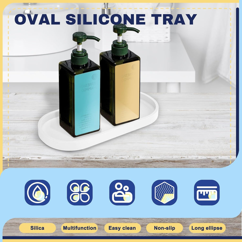 2 Pieces Silicone Shatterproof Bathroom Vanity Tray, 9.8" & 11.8" Oval White Kitchen Counter Tray, Hand Soap Dispenser Tray, Toilet Top Perfume Trays for Dresser Holder Organizer (White)