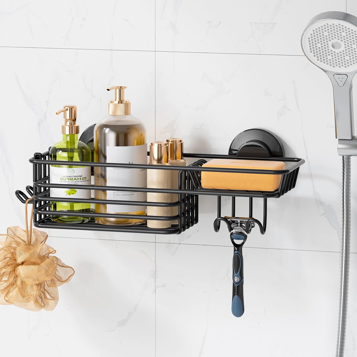 LEVERLOC Shower Caddy Suction Cup, Suction Caddy with Hooks and Soap Holder for Bathroom, No-Drilling Bathroom Shower Organizer, Black