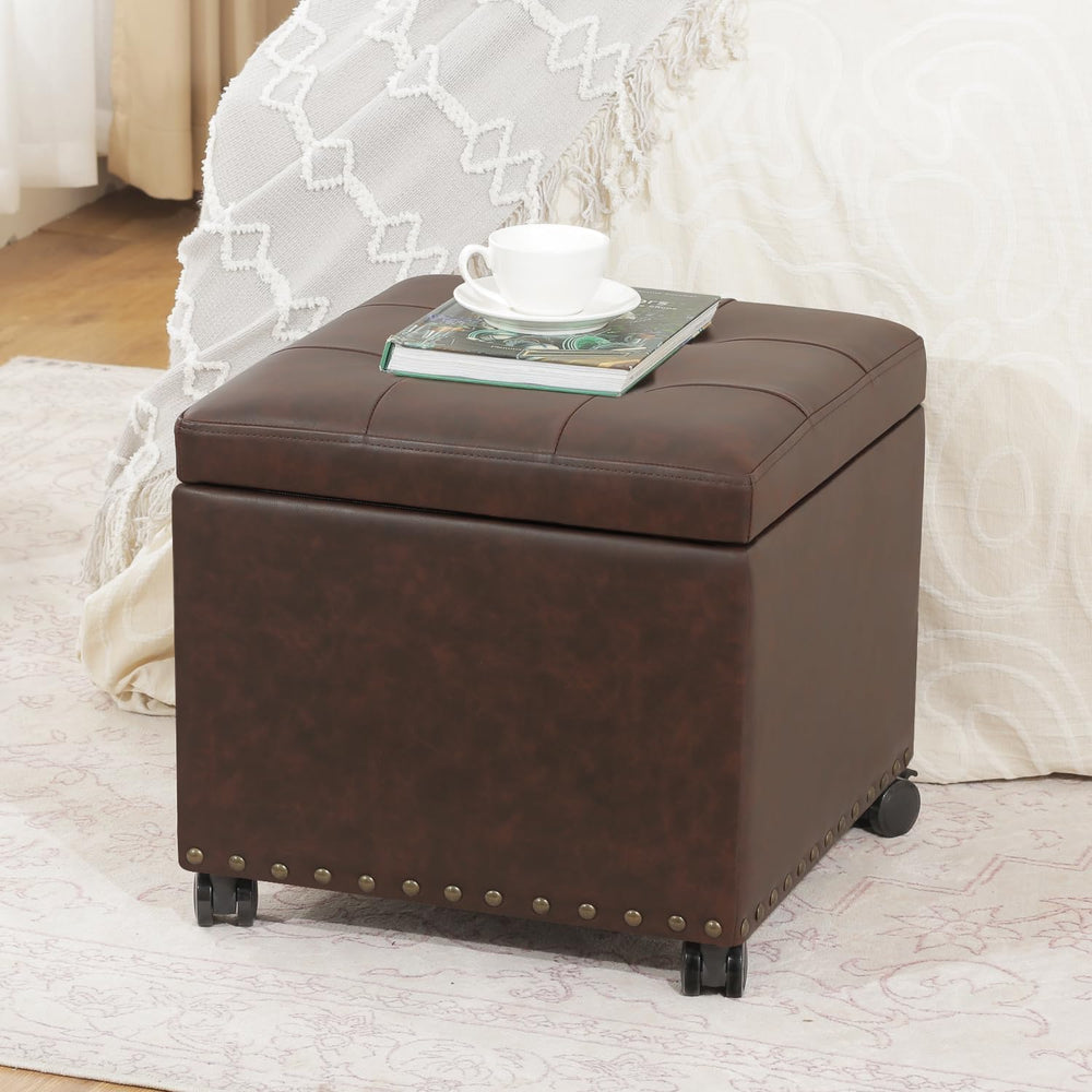 Adeco 16.7" H Brown Leather Storage Ottoman with 360 Caster Wheels, Squa...