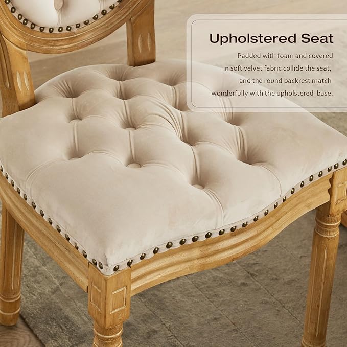 Upholstered Dining Chairs Set of 4 French Country Oval Fabric Back Kitchen Side Chair with Wood Legs for Dining Room, Kitchen, Restaurant(Beige-Velvet)